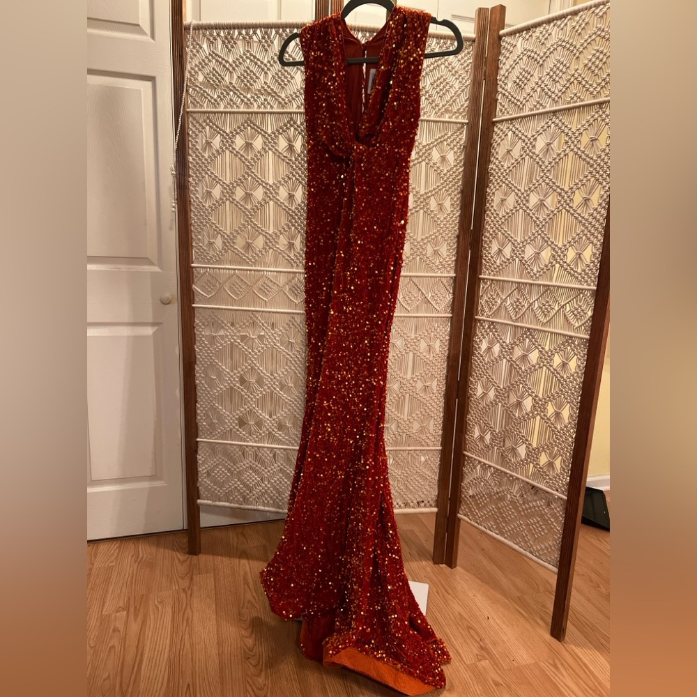 Burnt Orange Sequin Velvet Mermaid Evening Prim Gown